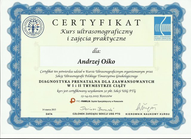 Andrzej Ośko - Certyfikaty